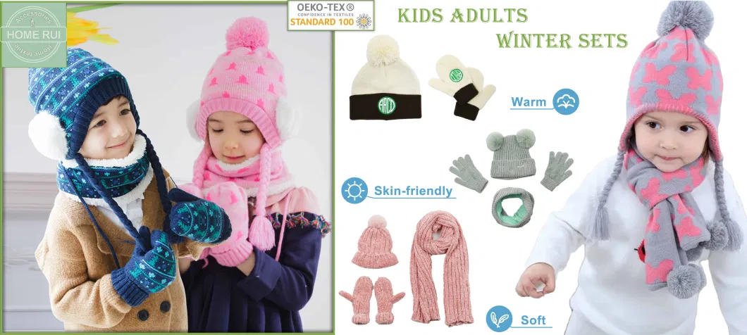 2023 Girls Boys Cute Beanie Hats with POM POM Gloves Set Acrylic Custom Logo Knit Manufacturer Winter Warm for School Kids