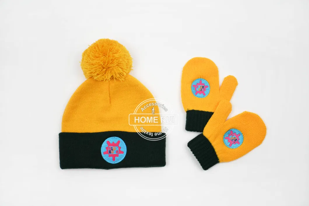 2023 Girls Boys Cute Beanie Hats with POM POM Gloves Set Acrylic Custom Logo Knit Manufacturer Winter Warm for School Kids