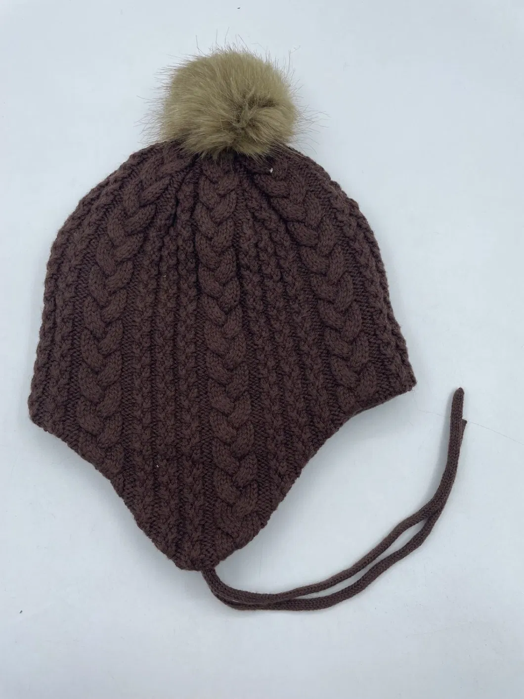 White Brown Cable Acrylic Wool Knit Fleece Lining Earmuff Winter Beanie Hats