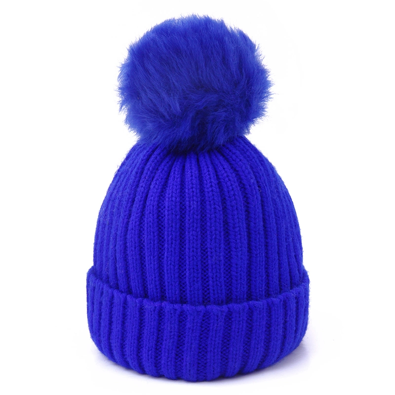 Kids Winter Knitted Multi Color Cuff Slouchy Beanie Hats with Pompom