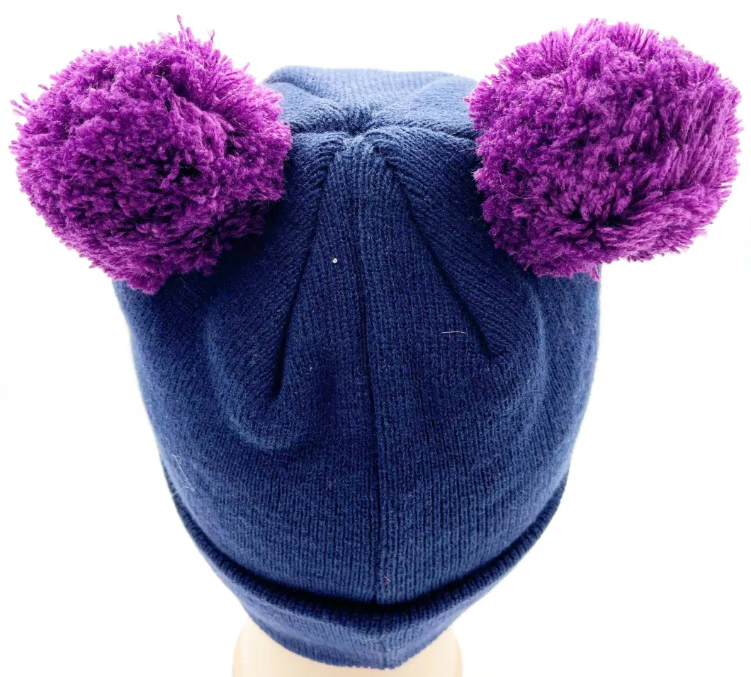 Navy Purple Colors Acrylic Knit Two Bobbles Kids Beanie Hat