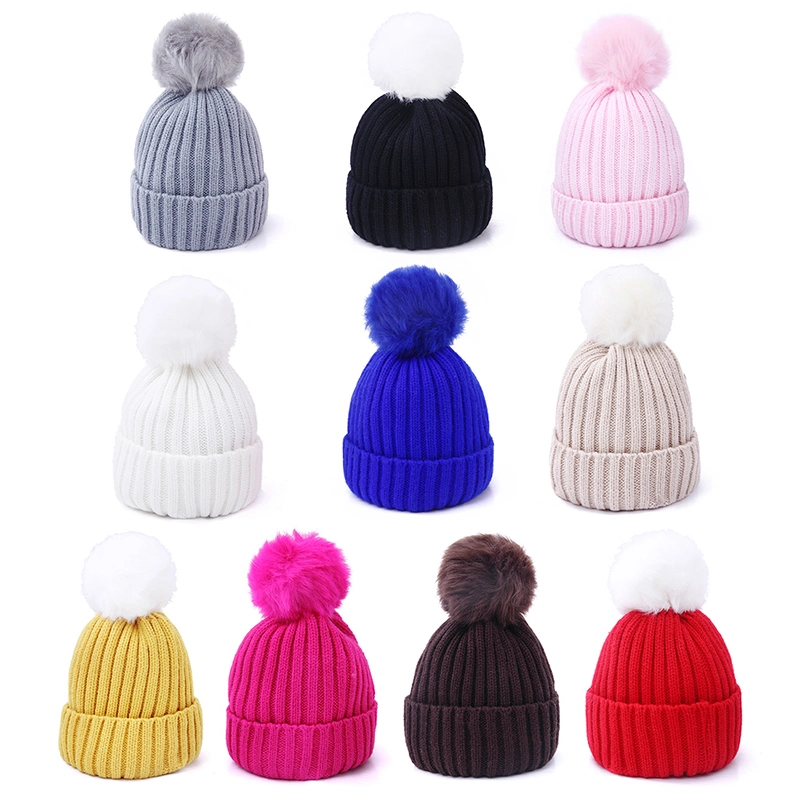 Kids Winter Knitted Multi Color Cuff Slouchy Beanie Hats with Pompom