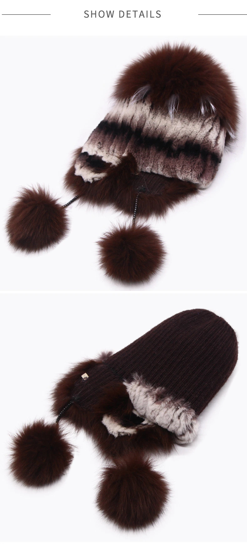 Women&prime;s Real Mink Fur Fashion Hat Elastic Knitted with Real Fox Fur Balls Winter Warm Pompom