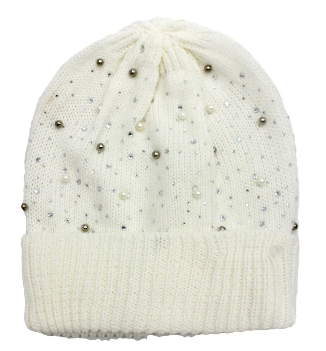 Winter 100% Acrylic Knitting Hat White Beige Color with Sparkling Stone Bling Bling Diamond 2022 Winter OEM