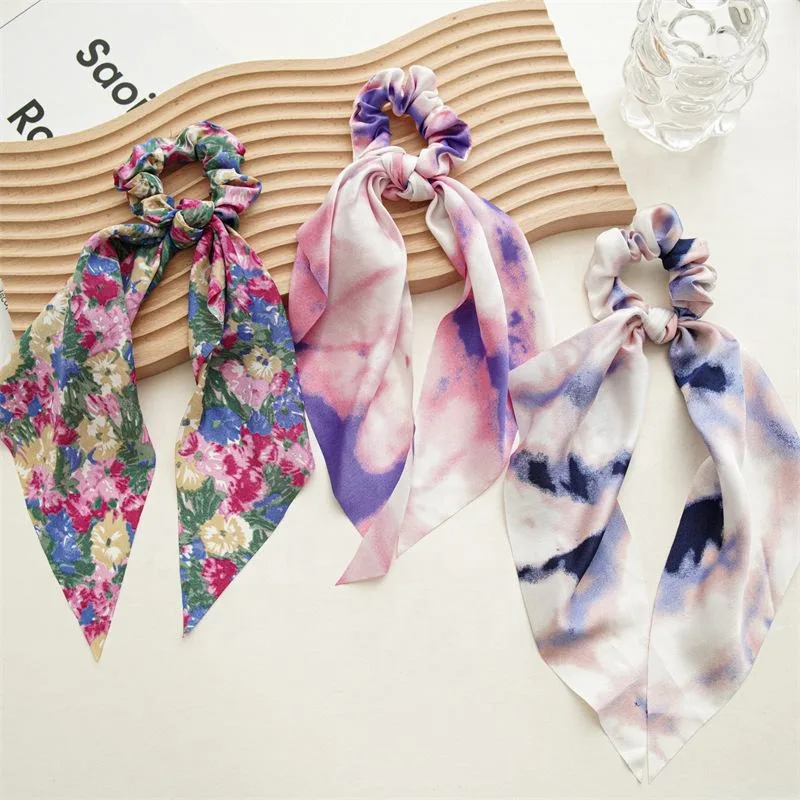 Women&prime;s Square Scarf Scrunchies Accessories New Tie-Dye Cloth Art Ponytail Hair Ties