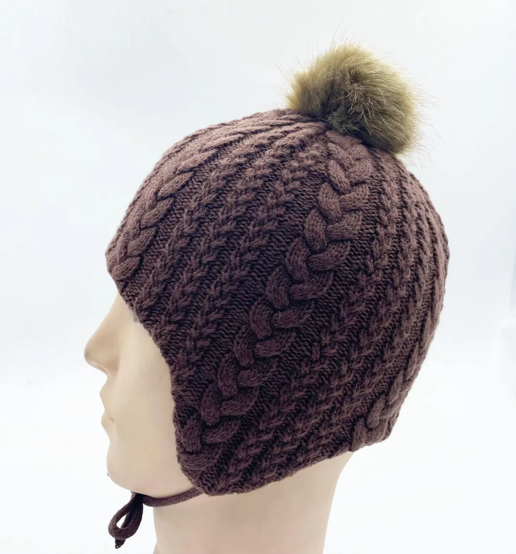 White Brown Cable Acrylic Wool Knit Fleece Lining Earmuff Winter Beanie Hats