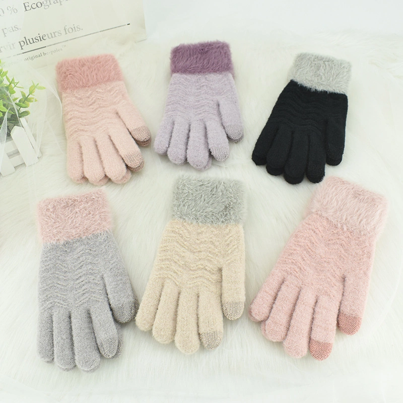 Women&prime;s Winter Knitted Plus Velvet Thickened Warm Touch Screen Five-Finger Wool Driving Outdoor Gloves