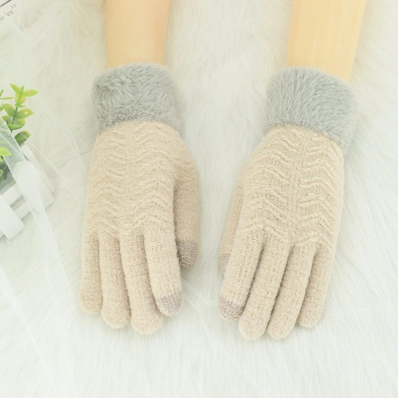 Women&prime;s Winter Knitted Plus Velvet Thickened Warm Touch Screen Five-Finger Wool Driving Outdoor Gloves