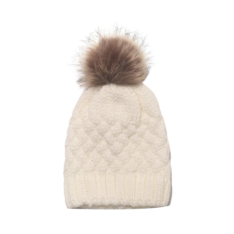 Warm Custom Acrylic Plain Color Cable Childern Kids Pompom Bobble Knitted Winter Beanie Hat