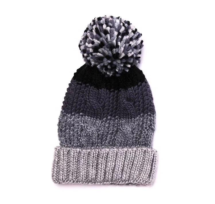 Promotional Cheap Winter POM POM Beanie Plain Custom Knitted Striped Hat