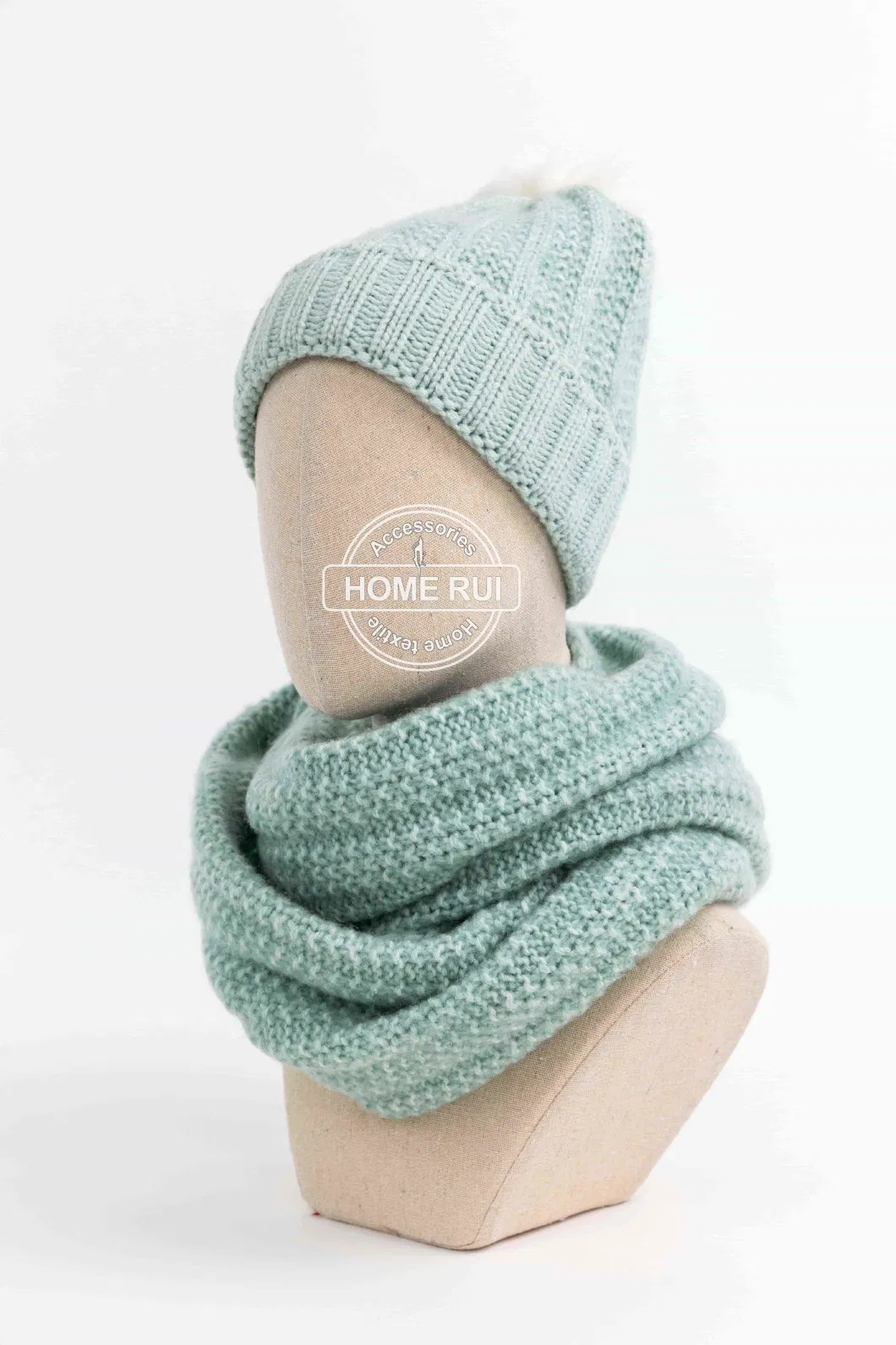 Unisex Women Mint Beanie Scarf Winter Sets Warmer Chunky Thicken Hat Cap Neckgaiter Oversize Bobble Knit Snood POM Hat Bonnet