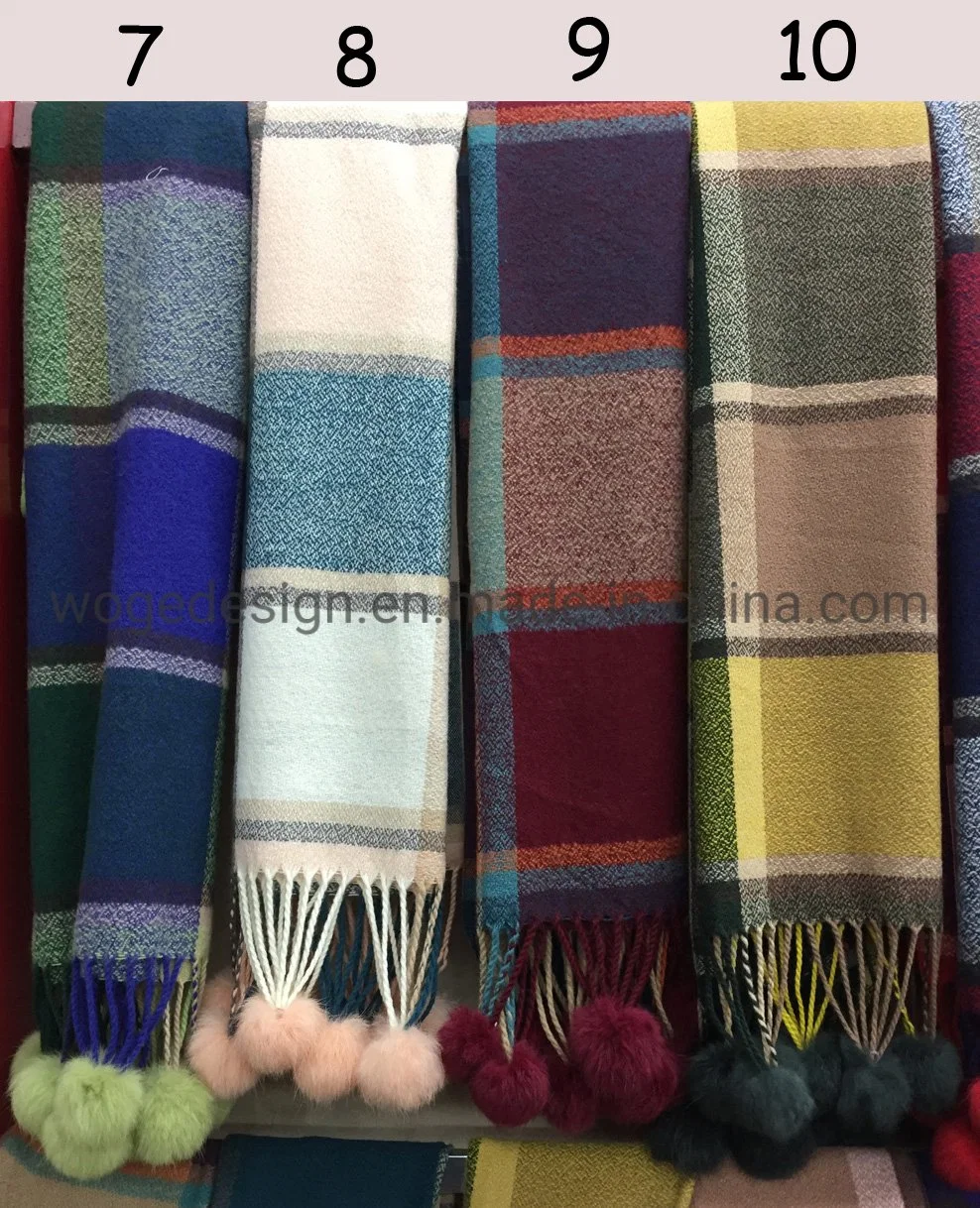 Top Sold Woge Supplier Wholesale Winter Femme Wrap Pashmina Other Shawl Acrylic Plaid Tartan Scarf with Rabbit Fur Pompoms