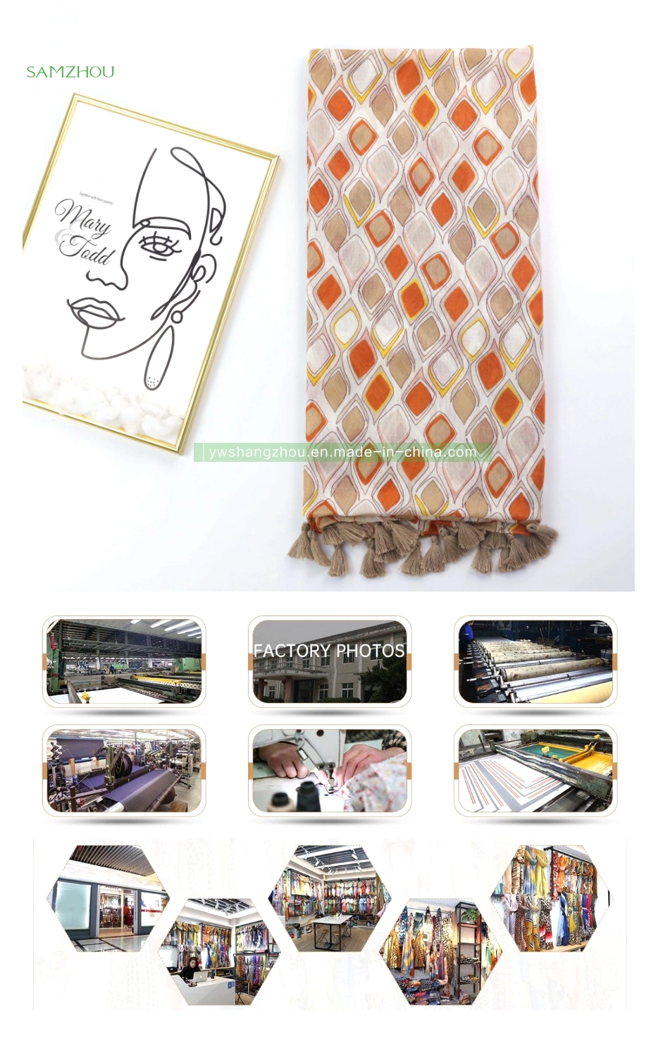 Simple Geometric Satin Printed Shawl Fashion Ladies Scarf with Tassel