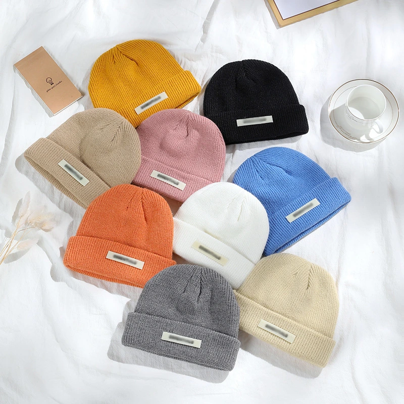 Wholesale Knitted Cap Label Hip-Hop Solid Color Cotton Cap Simple Ear Protection Cap Outdoor Warm Riding Cap Beanie Hats