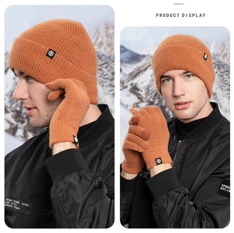 Winter Wool Warm Knitted Hat Set with Plush Touch Screen Gloves Set
