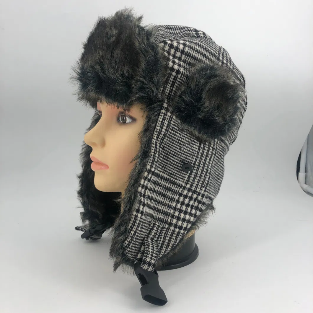 Unisex Soft Faux Fur Bomber Earflap Windproof Cap Winter Trooper Hat Classic Grid Stripe