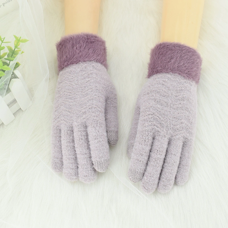Women&prime;s Winter Knitted Plus Velvet Thickened Warm Touch Screen Five-Finger Wool Driving Outdoor Gloves