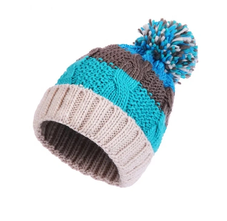 Promotional Cheap Winter POM POM Beanie Plain Custom Knitted Striped Hat