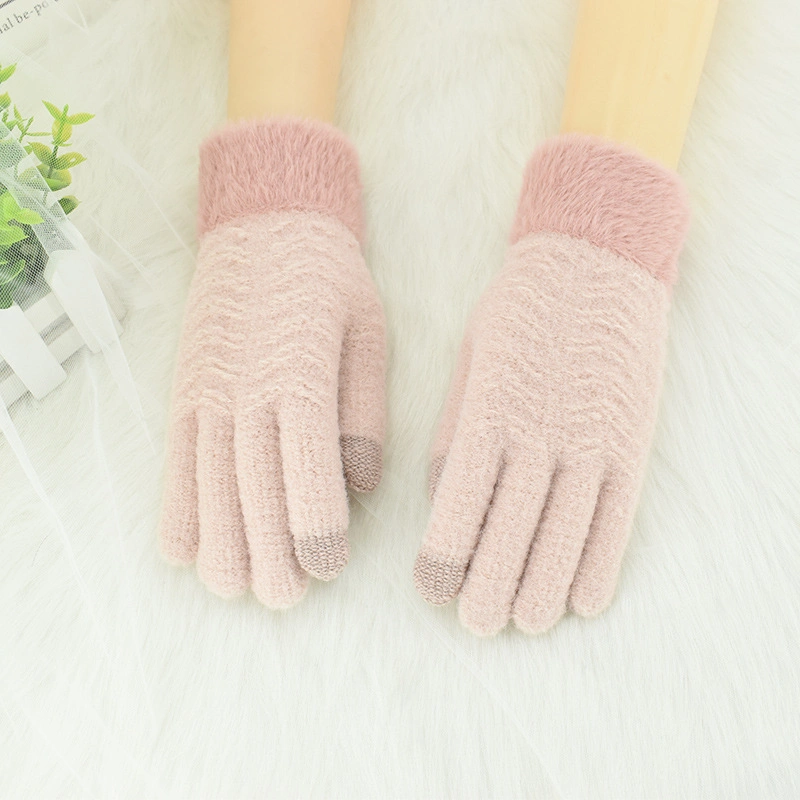 Women&prime;s Winter Knitted Plus Velvet Thickened Warm Touch Screen Five-Finger Wool Driving Outdoor Gloves