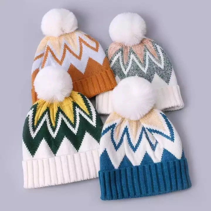Removable Faux Fur Pompom Rabbit Hair Beanie for Women Knitted Cashmere White Pattern Jacquard Winter Hat with Fur Ball