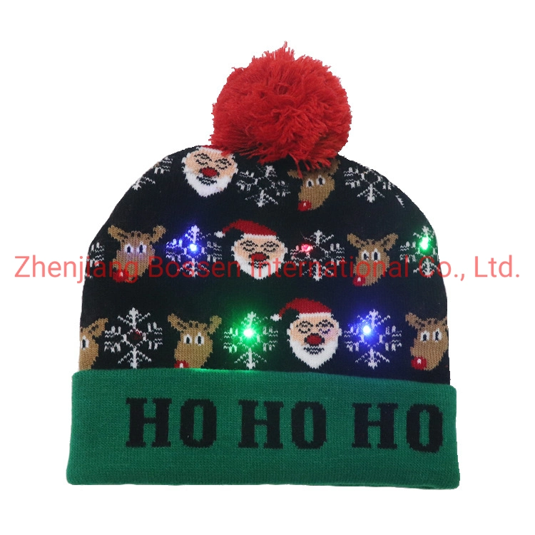 OEM Custom Logo Embroidered Solid Color Women Pink Winter Outdoor Snowboard Ski Camping Knitted Bobble Hat with LED Light