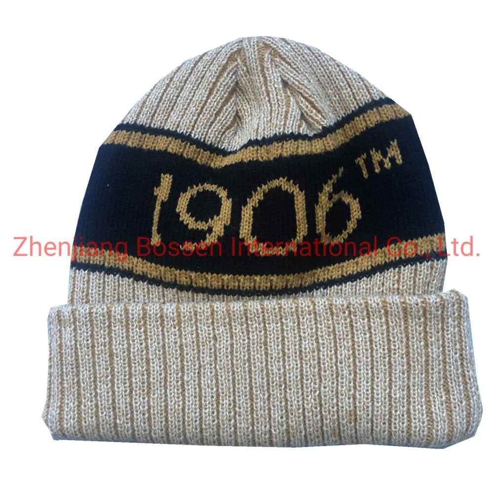 OEM Customized Logo 3D Embroidered Jacquard Acrylic RPET Knitted Winter Beanie Cap