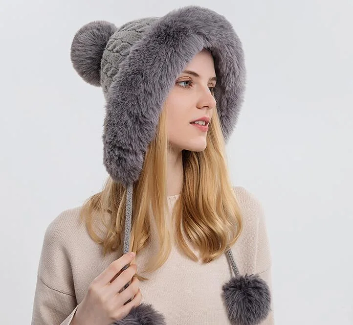 Women&prime;s Cute POM POM Knitted Beanie Hat Fluffy Woolen Winter Warm Hat