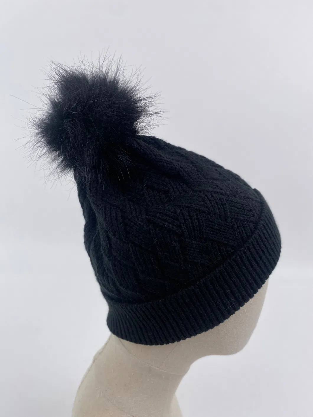 Fashion Unisex Black Solid Color Basket Diamond Kintted Pompom Hat