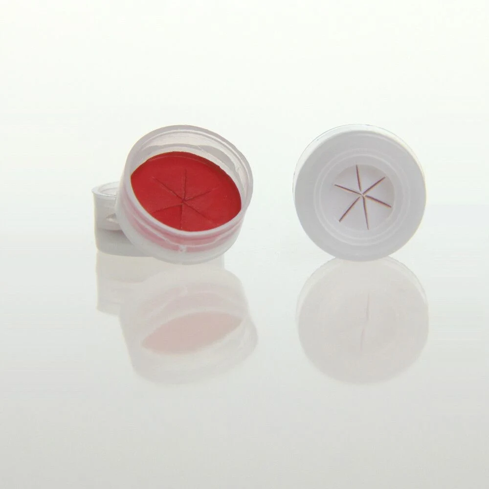 Clear 11mm Open Top Snap Cap with Red PTFE/White Silicone Septa 1mm Thick Pre-Slit (snow shape)