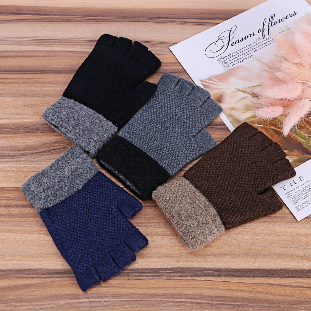 Autumn Winter Men&prime;s Half-Finger Writing Touch-Screen Leakage Thickened Knitted Warm Gloves