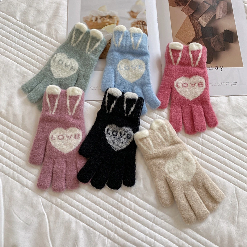 Women Winter Student Cute Rabbit-Ears Split Five-Fingers Riding Windproof Touch-Screen Warm Gloves