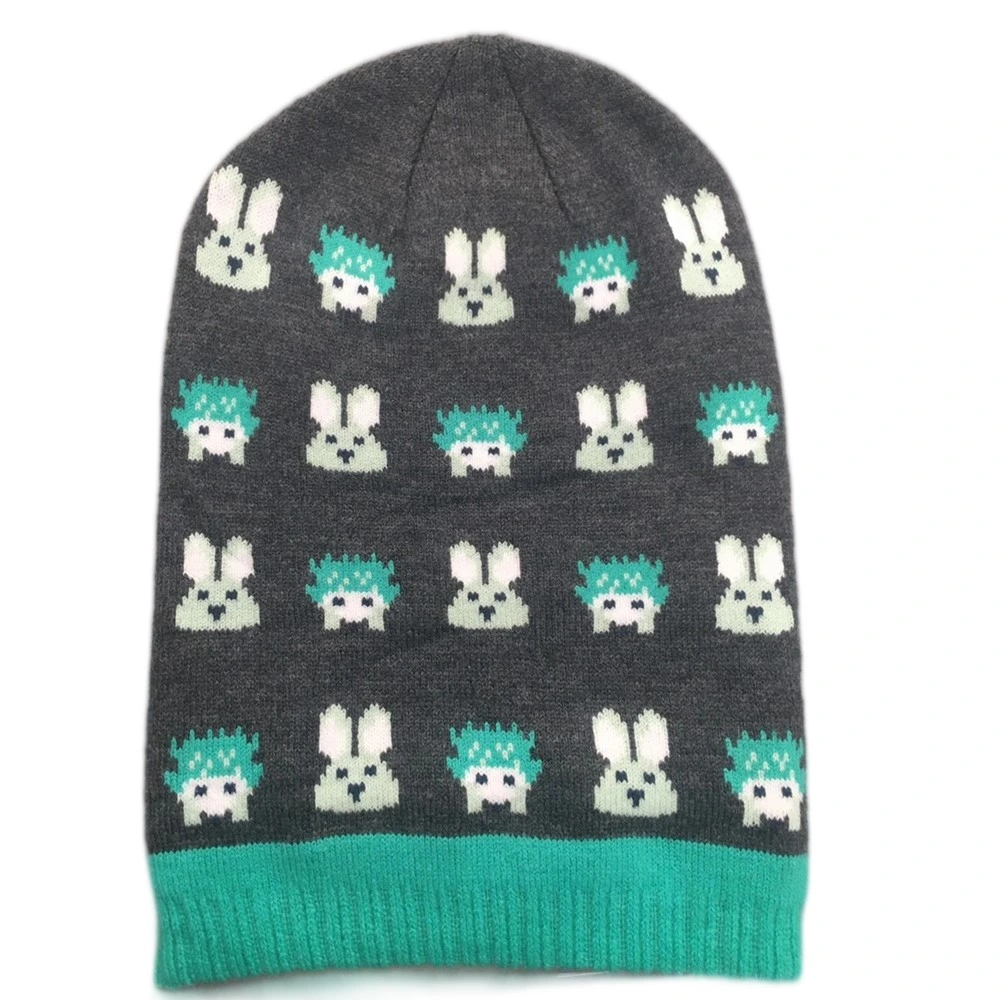 China Hat Factory OEM Custom Design Fullover Rabbit Jacquard Children Winter Acrylic Warm Slouchy Beanie Hat