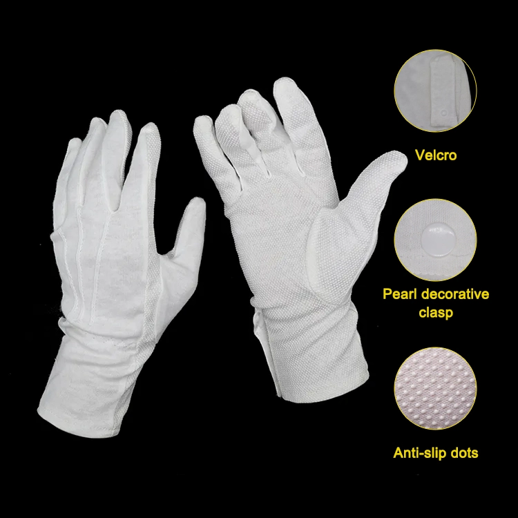 Anti Slip Dressing Ceremony Parade White Cotton Glove Magic Tape Pearl Buckle