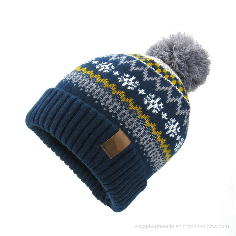 Acrylic Winter Snow Bobble Leather Knitted Hat Beanie Cap