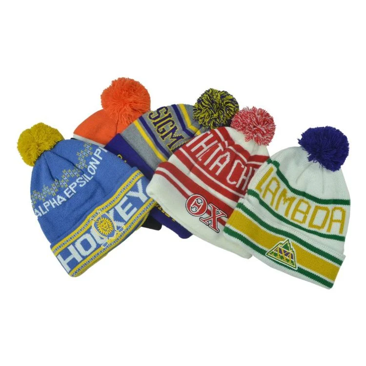 Custom Winter Caps Embroidered POM POM Acrylic Stripe Knitting Jacquard POM POM Ball Winter Warm Hat Caps