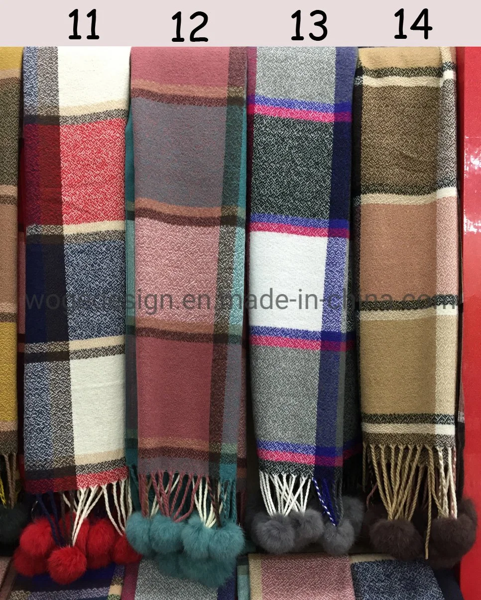 Top Sold Woge Supplier Wholesale Winter Femme Wrap Pashmina Other Shawl Acrylic Plaid Tartan Scarf with Rabbit Fur Pompoms