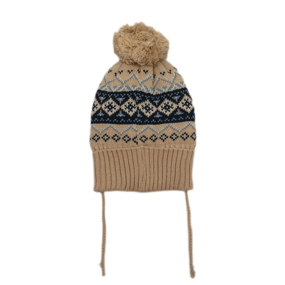 Baby Cap Boys Cotton Jacquard Knitted Hat with Polar Fleece Lining, Pompom and String