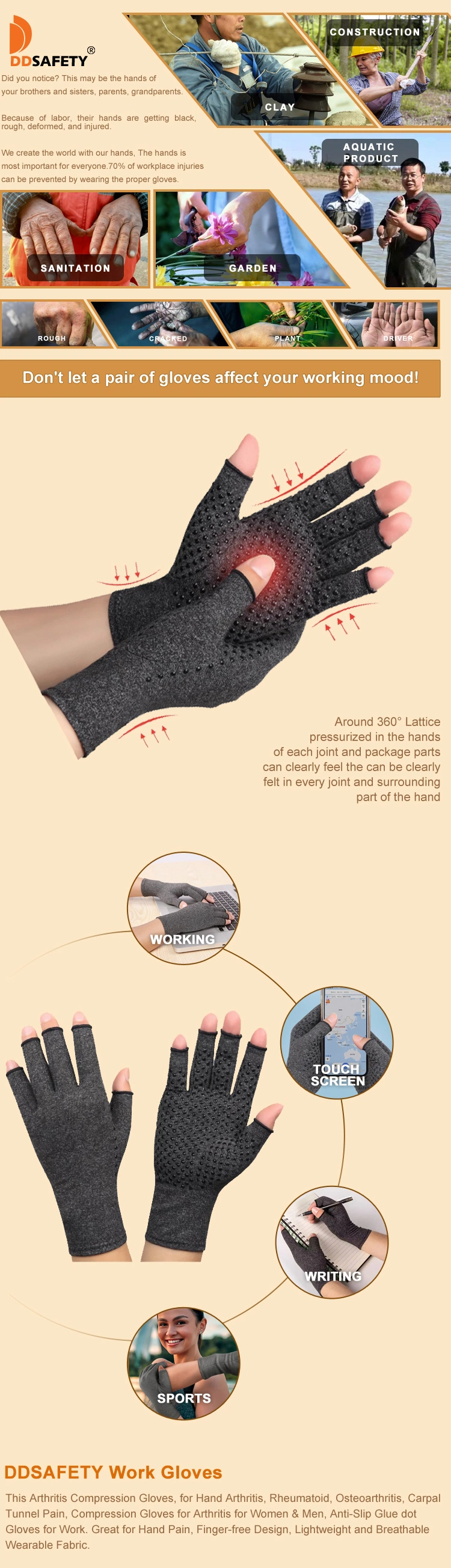Heated Fingerless Anti-Slip Glue DOT Arthritis Compression Gloves for Hand Arthritis Rheumatoid Osteoarthritis Carpal Tunnel Pain Luvas Guantes