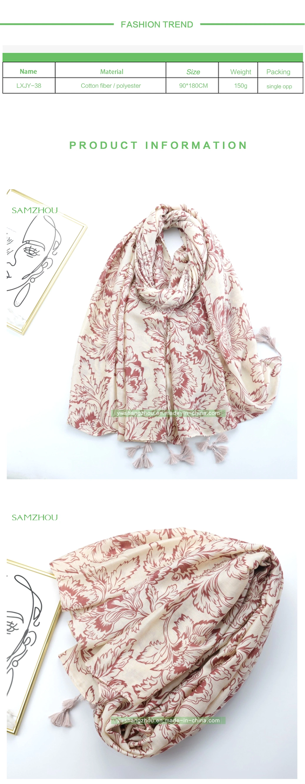 Soft Leaf Printed Spring Silk Shawl Ladies Scarf Cotton Feeling