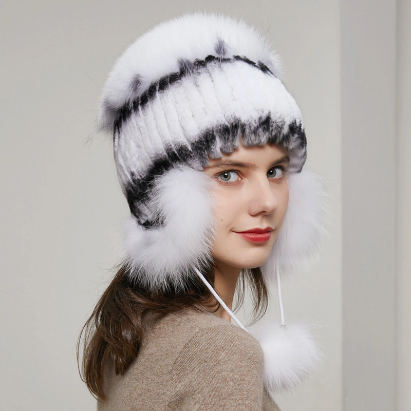 Women&prime;s Real Mink Fur Fashion Hat Elastic Knitted with Real Fox Fur Balls Winter Warm Pompom