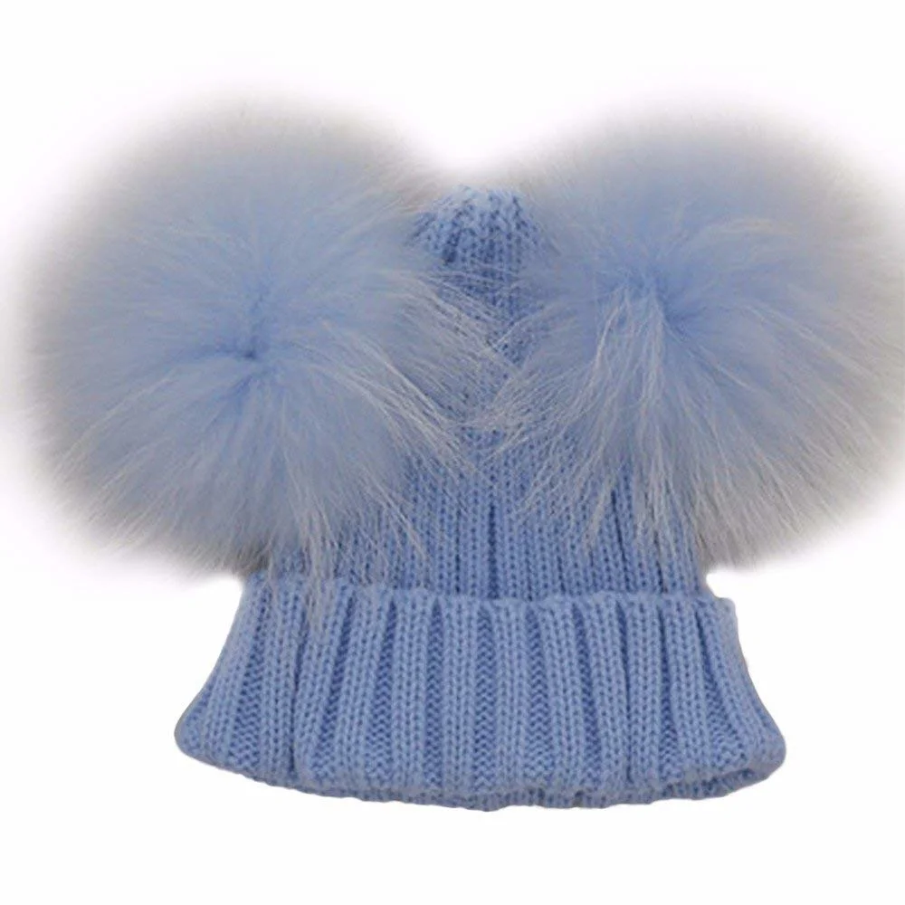Toddler Beanie Knitted Fur Adjustable Raccoon Hat with Double Big Ball POM POM for Baby Children