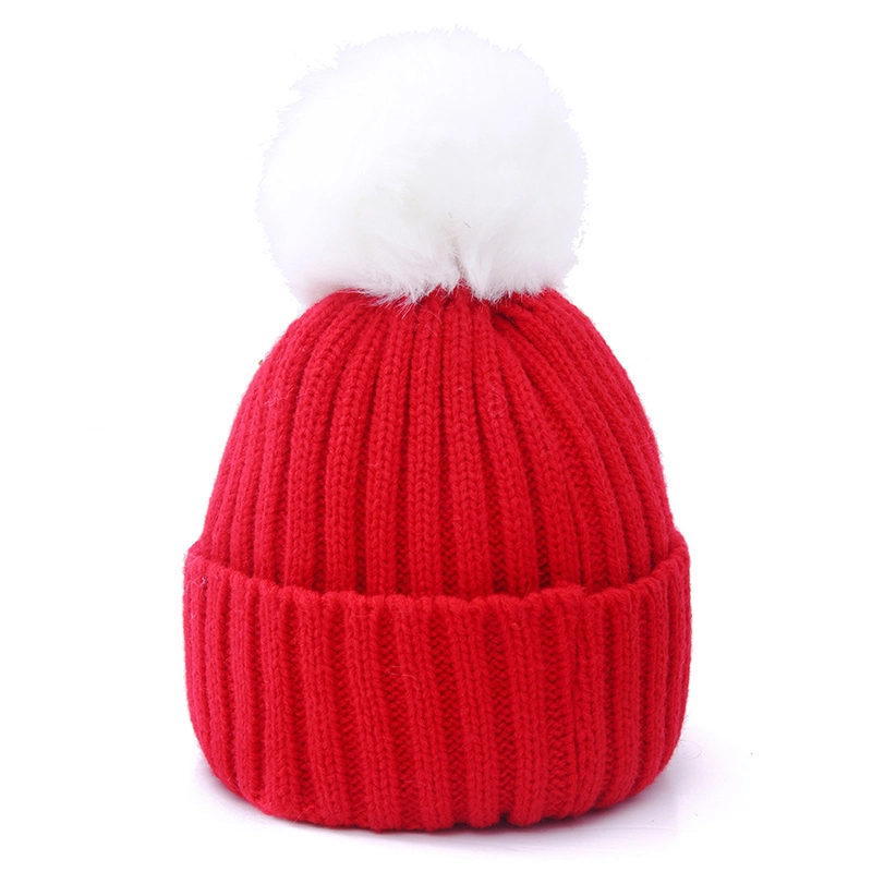 Kids Winter Knitted Multi Color Cuff Slouchy Beanie Hats with Pompom