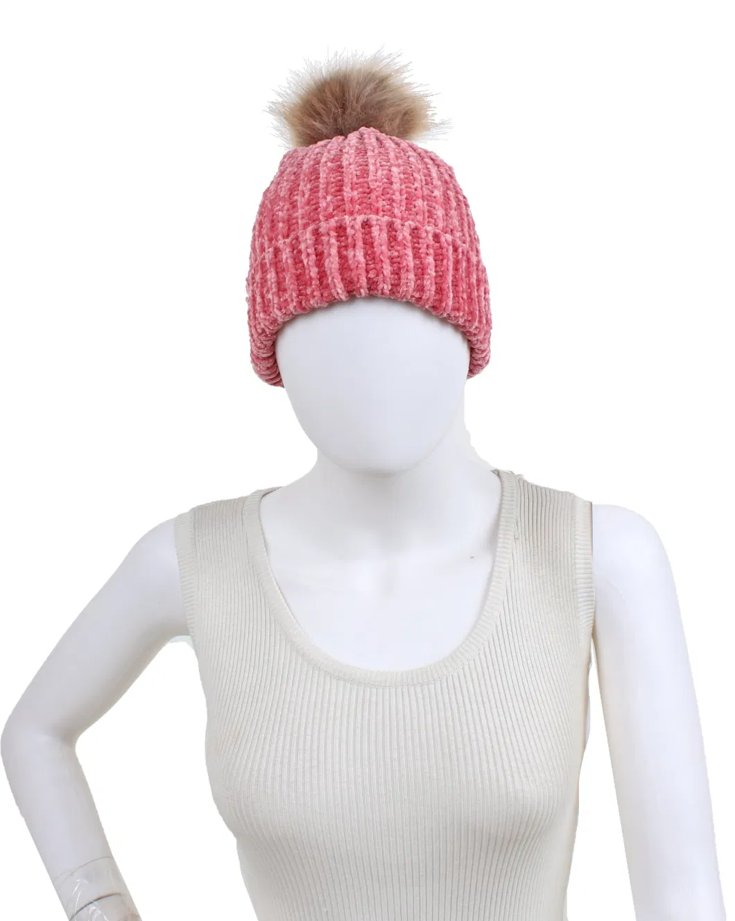 Lady&prime;s Heavy Chenille Set Beanie Hat and Neck Collar Scarf with Faux Fur Pompom