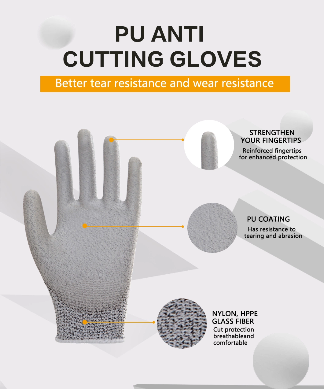 Factoryshop ANSI5 Cutting-D Nylon &amp; Hppe &amp; Glass Fiber Liner PU Coated Anti Cut Resistant Cutting Proof Work Safety Hand Protection Knitted Gloves