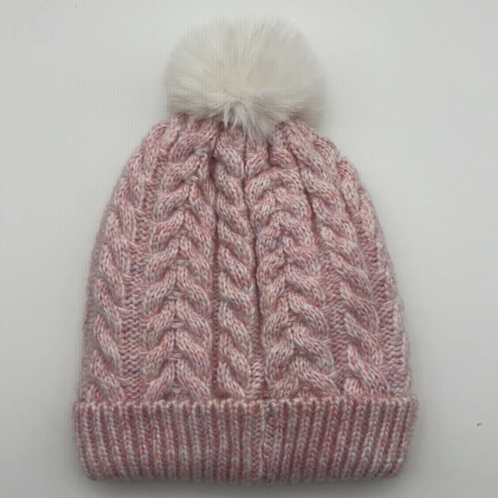 Girls Cap Acrylic Pink Cute Metalized Cable Knitted Hat with Fake Fur Pompom with Polyester Lining