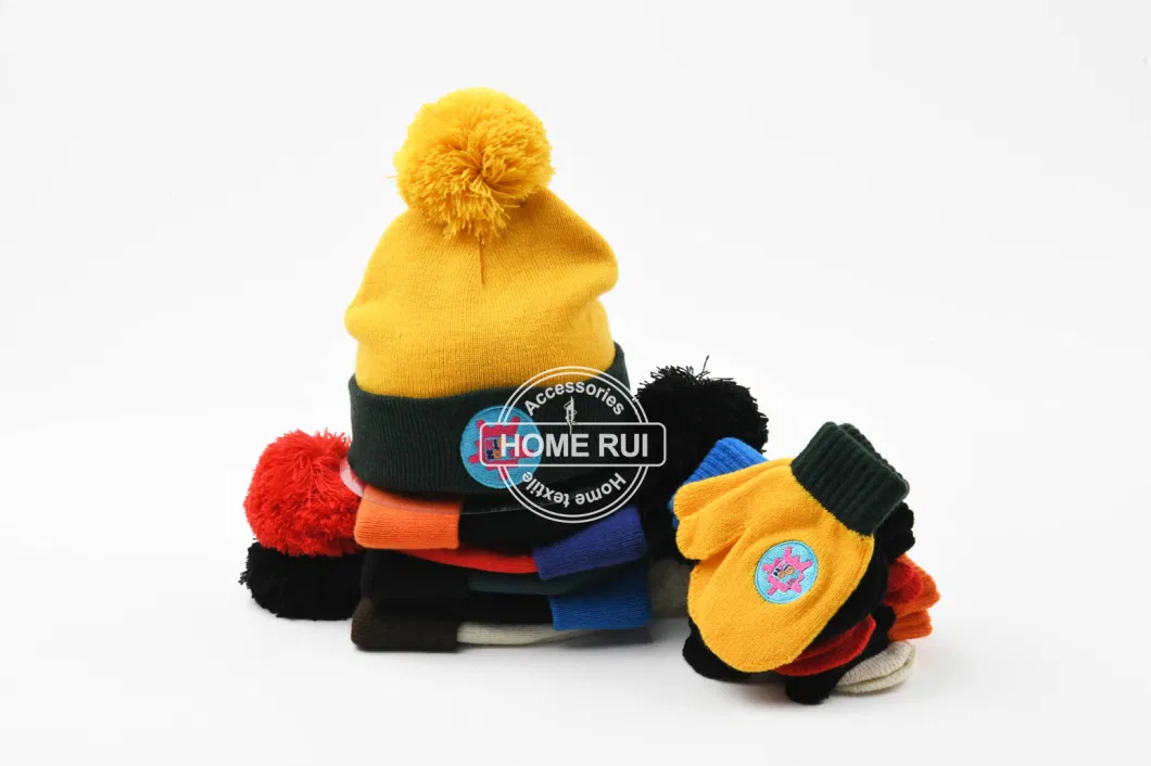 2023 Girls Boys Cute Beanie Hats with POM POM Gloves Set Acrylic Custom Logo Knit Manufacturer Winter Warm for School Kids