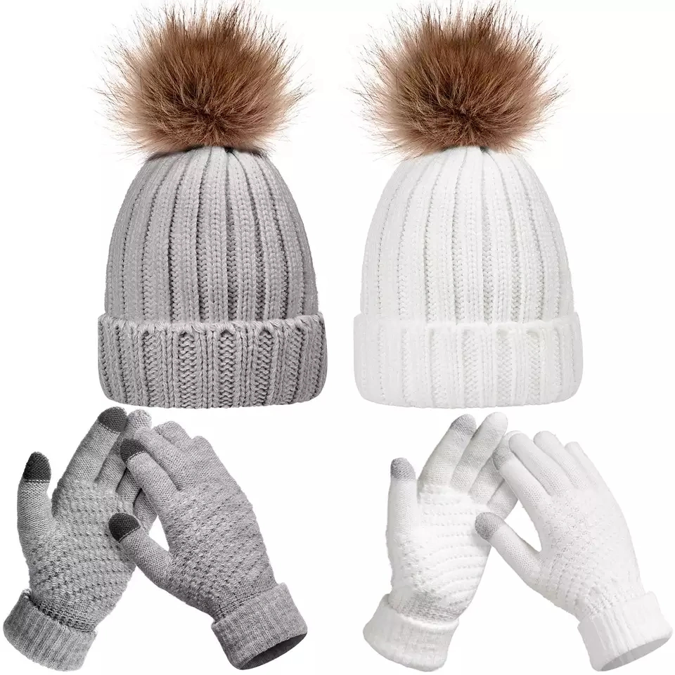 Women Winter Faux Fur POM POM Beanie Soft Balls Knitted Skullies Pompom Beanies Wholesale Winter Hats and Gloves