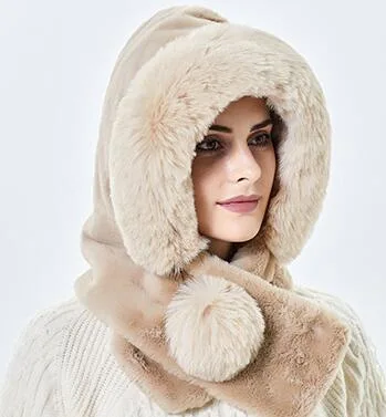 2 in 1 Scarf and Hat Set Women&prime;s Winter Warm Faux Fur POM POM Hat Ear Protection Fuzzy Hat