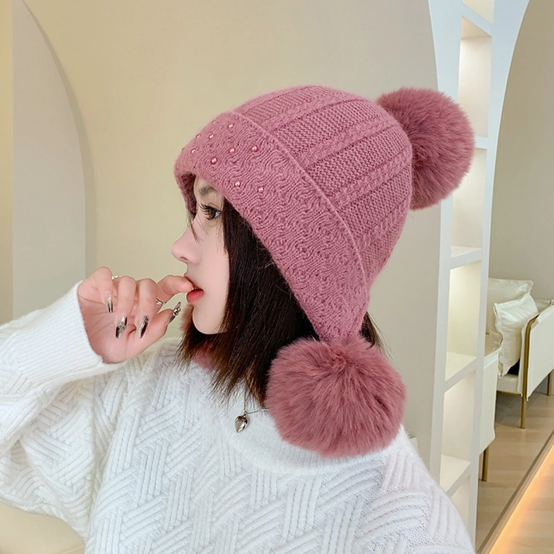 Women&prime;s Winter Thick Knitted Plush Warm Beanie Hat with 3 POM POM, Ear Protection