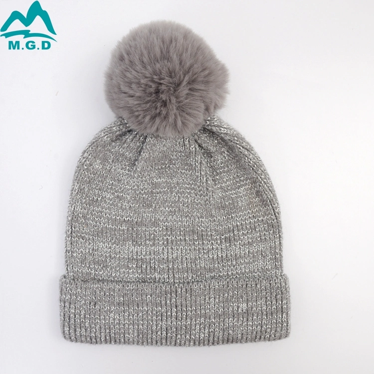 Fashion Wholesale Winter Fake Fur Grey Knitted POM POM Beanie Hat